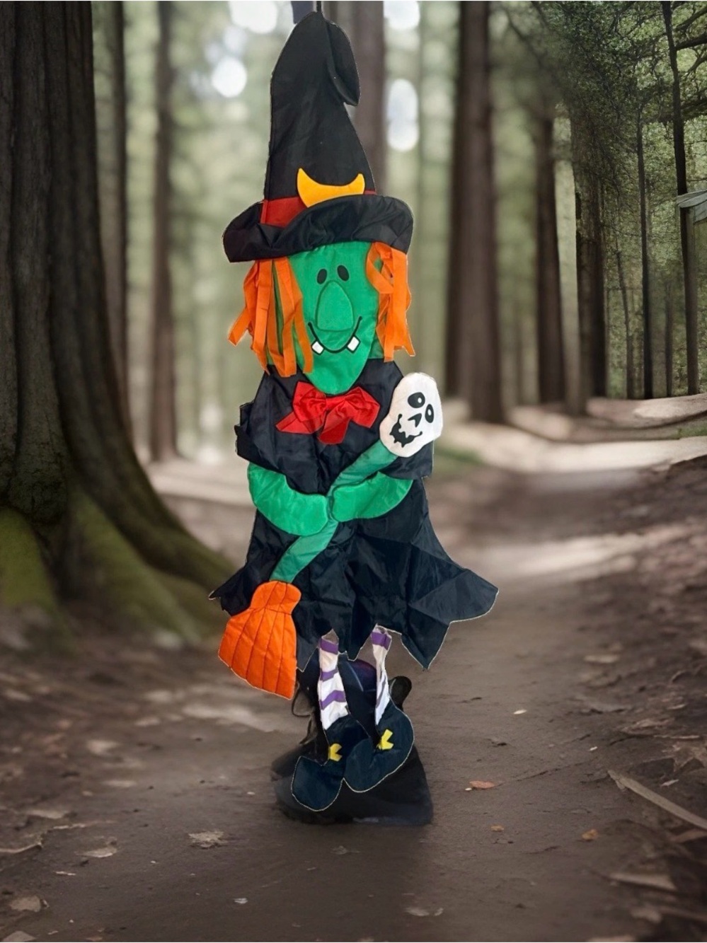 Vintage Halloween Hanging Witch Decoration 5 Ft Nylon Green Face Striped Legs